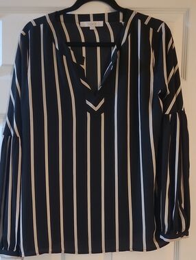 LOFT Black and Cream Vertical Stripe V-Neck Blouse Size L